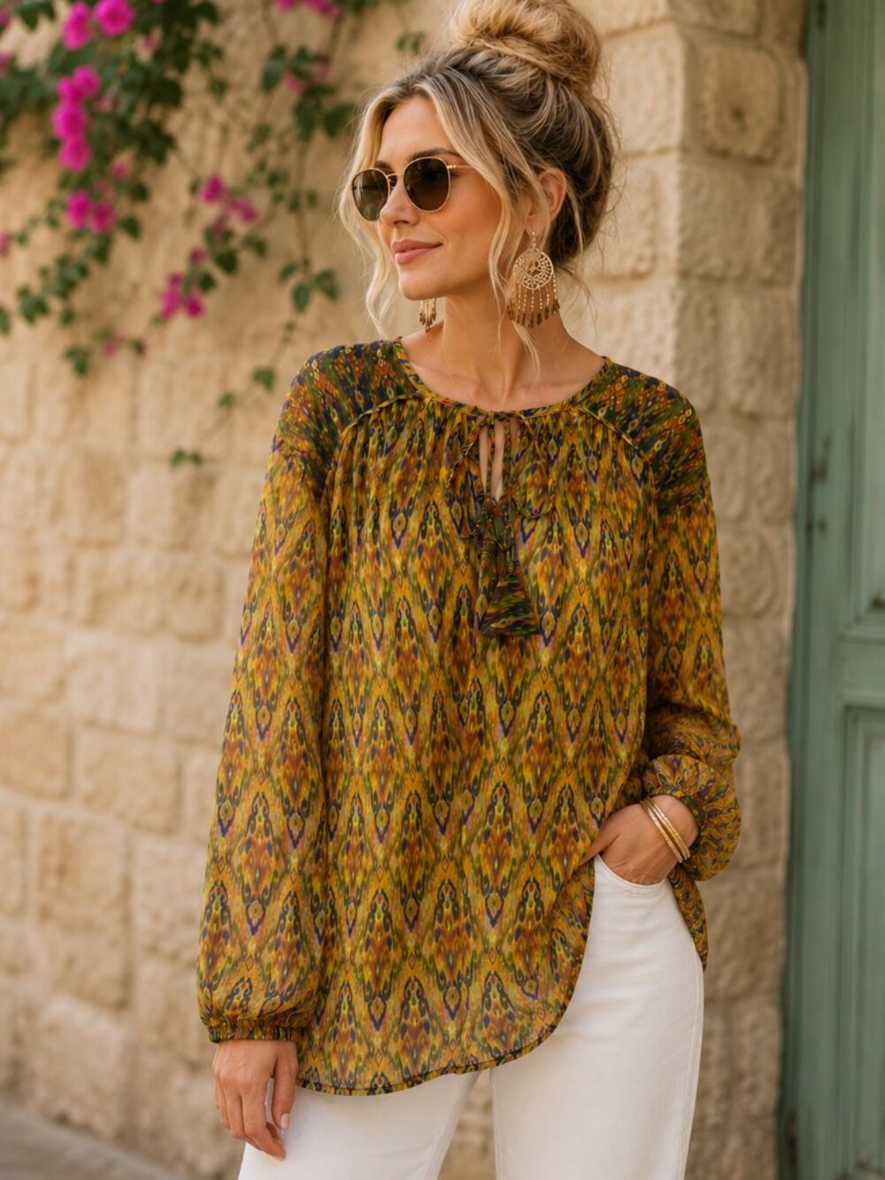 Liverpool Los Angeles Ikat Sheer Boho Tassel Blouse XL